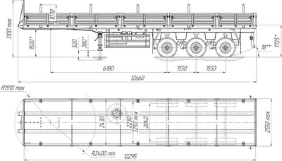 Бортовой полуприцеп 12,5 метров, 20 тонн, габаритные размеры
